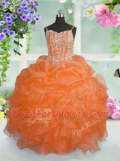 Customized Organza Spaghetti Straps Sleeveless Lace Up Beading and Ruffles and Pick Ups Flower Girl Dresses for Less in Orange