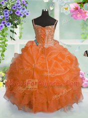 Customized Organza Spaghetti Straps Sleeveless Lace Up Beading and Ruffles and Pick Ups Flower Girl Dresses for Less in Orange