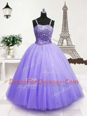 Stunning Blue Little Girl Pageant Dress Party and Wedding Party and For with Beading and Sequins Spaghetti Straps Sleeveless Zipper