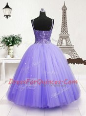 Stunning Blue Little Girl Pageant Dress Party and Wedding Party and For with Beading and Sequins Spaghetti Straps Sleeveless Zipper