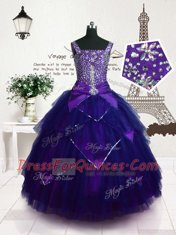 Modern Purple Lace Up Straps Beading and Belt Little Girl Pageant Gowns Tulle Sleeveless