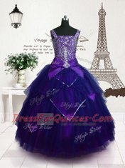 Modern Purple Lace Up Straps Beading and Belt Little Girl Pageant Gowns Tulle Sleeveless