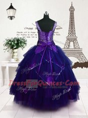 Modern Purple Lace Up Straps Beading and Belt Little Girl Pageant Gowns Tulle Sleeveless