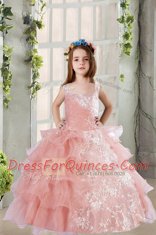Unique Baby Pink Square Lace Up Lace and Ruffled Layers Pageant Gowns For Girls Sleeveless