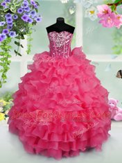 Ruffled Layers and Sequins Pageant Gowns For Girls Hot Pink Lace Up Sleeveless Floor Length