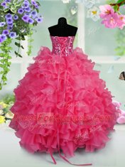 Ruffled Layers and Sequins Pageant Gowns For Girls Hot Pink Lace Up Sleeveless Floor Length