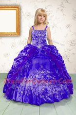 Satin Sleeveless Floor Length Little Girls Pageant Gowns and Beading and Appliques and Pick Ups