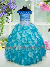 Fabulous Organza Off The Shoulder Sleeveless Lace Up Beading and Sashes ribbons and Sequins Little Girl Pageant Gowns in Turquoise