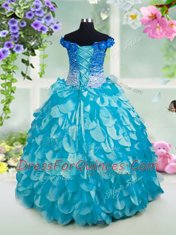 Fabulous Organza Off The Shoulder Sleeveless Lace Up Beading and Sashes ribbons and Sequins Little Girl Pageant Gowns in Turquoise