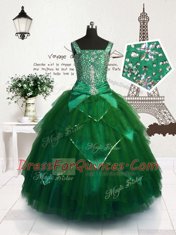 Dark Green Kids Formal Wear Party and Wedding Party and For with Beading and Belt Straps Sleeveless Lace Up