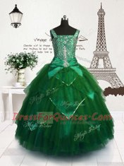 Dark Green Kids Formal Wear Party and Wedding Party and For with Beading and Belt Straps Sleeveless Lace Up