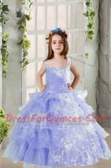 Fabulous Ruffled Floor Length Lavender Child Pageant Dress Square Sleeveless Lace Up