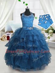 Hot Selling Teal Spaghetti Straps Neckline Beading and Ruffled Layers Child Pageant Dress Sleeveless Lace Up