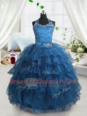 Hot Selling Teal Spaghetti Straps Neckline Beading and Ruffled Layers Child Pageant Dress Sleeveless Lace Up