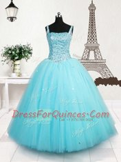 Light Blue Sleeveless Floor Length Beading and Sequins Lace Up Little Girls Pageant Dress