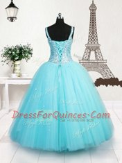 Light Blue Sleeveless Floor Length Beading and Sequins Lace Up Little Girls Pageant Dress