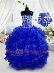 Sexy Sleeveless Lace Up Floor Length Beading and Ruffles Little Girl Pageant Gowns