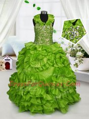 Ideal Olive Green Taffeta Zipper Halter Top Sleeveless Floor Length Kids Formal Wear Beading and Ruffles