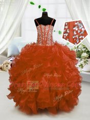 Graceful Rust Red Sleeveless Organza Lace Up Little Girls Pageant Dress Wholesale for Party and Wedding Party