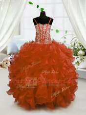 Graceful Rust Red Sleeveless Organza Lace Up Little Girls Pageant Dress Wholesale for Party and Wedding Party