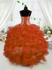 Graceful Rust Red Sleeveless Organza Lace Up Little Girls Pageant Dress Wholesale for Party and Wedding Party