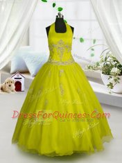 Fantastic Halter Top Floor Length Lace Up Child Pageant Dress Yellow for Party and Wedding Party with Appliques