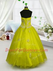 Fantastic Halter Top Floor Length Lace Up Child Pageant Dress Yellow for Party and Wedding Party with Appliques