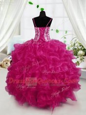 Hot Pink Ball Gowns Beading and Ruffles Kids Pageant Dress Lace Up Organza Sleeveless Floor Length