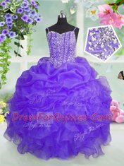 Floor Length Lace Up Girls Pageant Dresses Lavender for Party and Wedding Party with Beading and Ruffles and Pick Ups