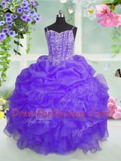 Floor Length Lace Up Girls Pageant Dresses Lavender for Party and Wedding Party with Beading and Ruffles and Pick Ups