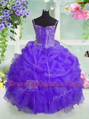 Floor Length Lace Up Girls Pageant Dresses Lavender for Party and Wedding Party with Beading and Ruffles and Pick Ups