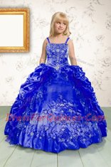 Romantic Royal Blue Ball Gowns Spaghetti Straps Sleeveless Satin Floor Length Lace Up Beading and Appliques and Pick Ups Kids Pageant Dress