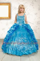 Turquoise Ball Gowns Spaghetti Straps Sleeveless Satin Floor Length Lace Up Beading and Appliques and Pick Ups Little Girls Pageant Gowns