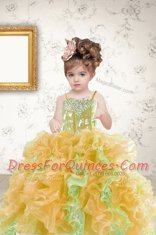 Adorable Multi-color Organza Lace Up Toddler Flower Girl Dress Sleeveless Floor Length Beading and Ruffles and Sequins