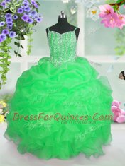 Spaghetti Straps Sleeveless Organza Child Pageant Dress Beading and Ruffles and Pick Ups Lace Up