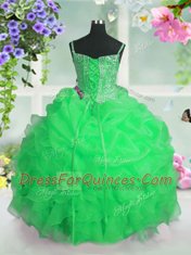 Spaghetti Straps Sleeveless Organza Child Pageant Dress Beading and Ruffles and Pick Ups Lace Up