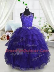 Best Scoop Beading and Ruffled Layers Flower Girl Dresses Navy Blue Lace Up Sleeveless Floor Length