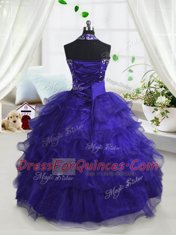 Best Scoop Beading and Ruffled Layers Flower Girl Dresses Navy Blue Lace Up Sleeveless Floor Length