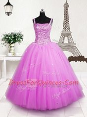 Romantic Rose Pink Sleeveless Beading and Sequins Floor Length Pageant Gowns For Girls