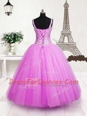 Romantic Rose Pink Sleeveless Beading and Sequins Floor Length Pageant Gowns For Girls