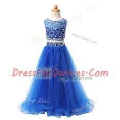 Simple Blue Toddler Flower Girl Dress Party and Wedding Party and For with Beading Scoop Sleeveless Zipper