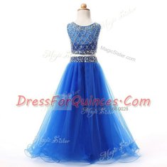 Simple Blue Toddler Flower Girl Dress Party and Wedding Party and For with Beading Scoop Sleeveless Zipper