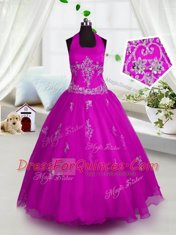 Halter Top Sleeveless Tulle Floor Length Lace Up Kids Formal Wear in Fuchsia with Appliques