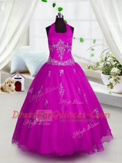 Halter Top Sleeveless Tulle Floor Length Lace Up Kids Formal Wear in Fuchsia with Appliques