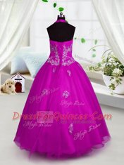 Halter Top Sleeveless Tulle Floor Length Lace Up Kids Formal Wear in Fuchsia with Appliques