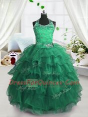 Peacock Green Ball Gowns Organza Scoop Sleeveless Beading and Ruffled Layers Floor Length Lace Up Kids Formal Wear