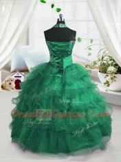 Peacock Green Ball Gowns Organza Scoop Sleeveless Beading and Ruffled Layers Floor Length Lace Up Kids Formal Wear