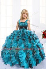 Fine Turquoise Sleeveless Floor Length Beading and Ruffles Lace Up Toddler Flower Girl Dress