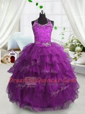 Scoop Sleeveless Lace Up Floor Length Beading and Ruffled Layers Child Pageant Dress