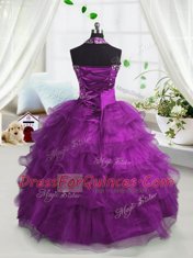 Scoop Sleeveless Lace Up Floor Length Beading and Ruffled Layers Child Pageant Dress